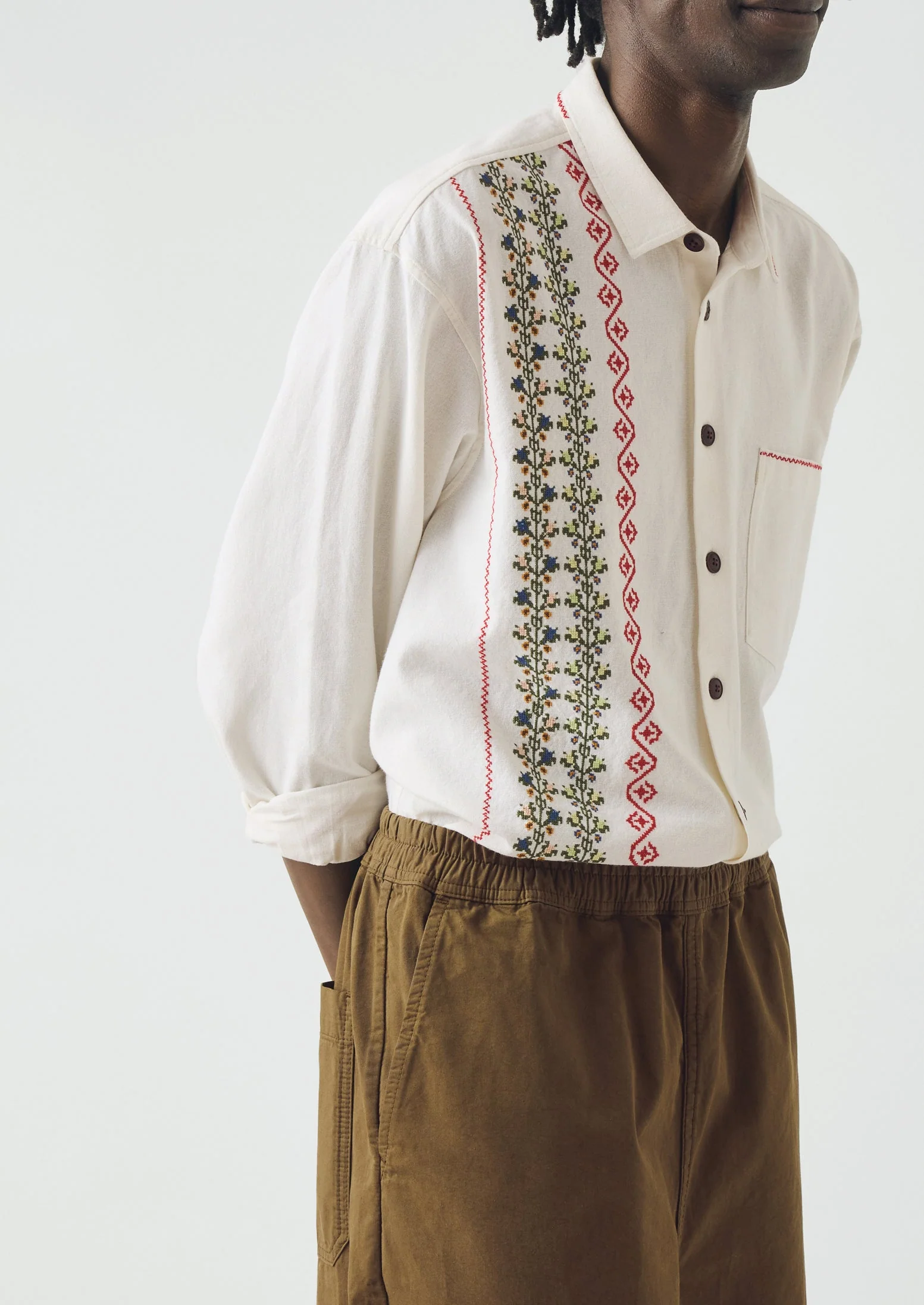 Embroidered Cross Stitch Cotton Shirt | Ecru - Image 3