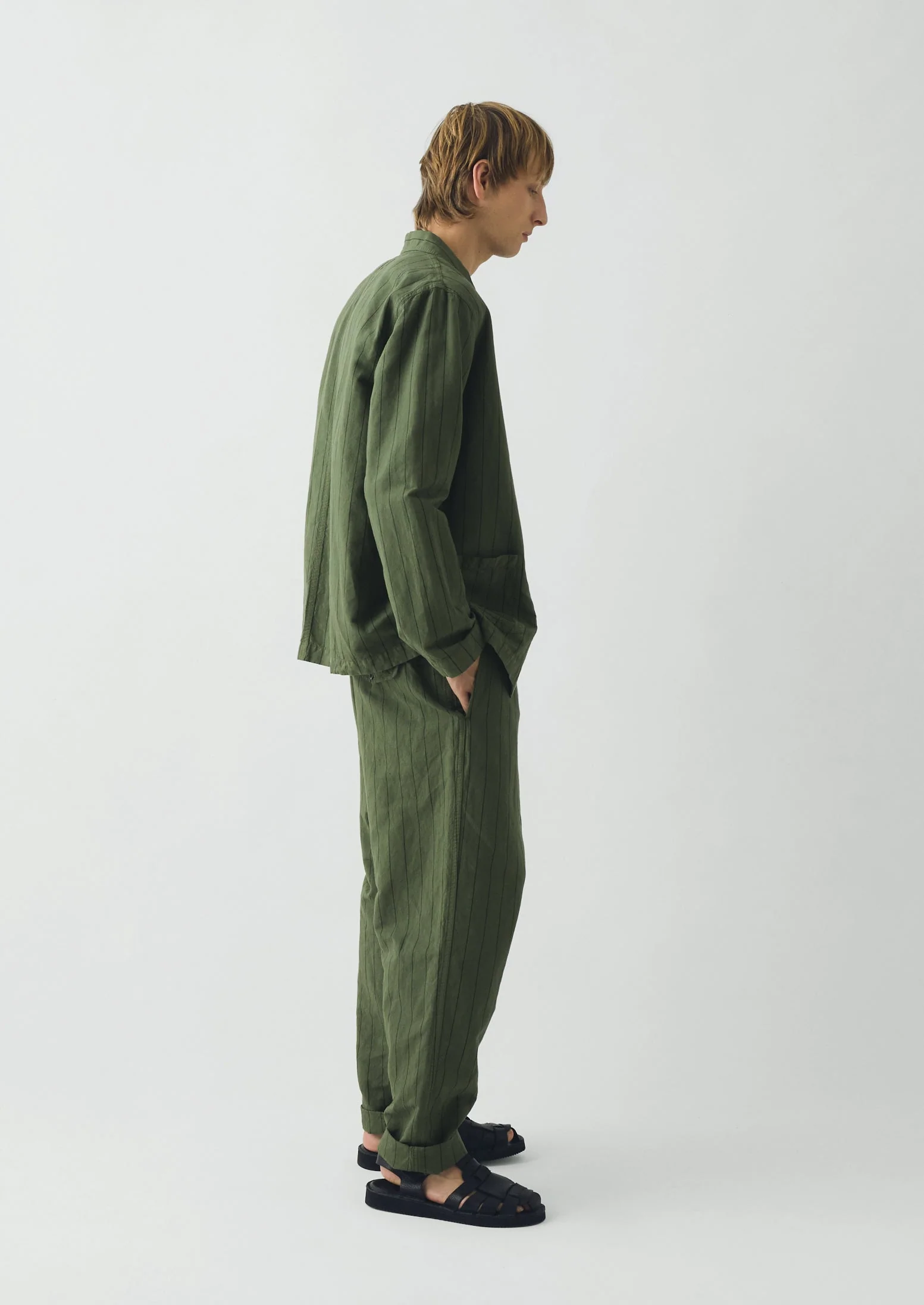 Overdyed Stripe Elasticated Cotton Linen Trousers | Basil - Image 6